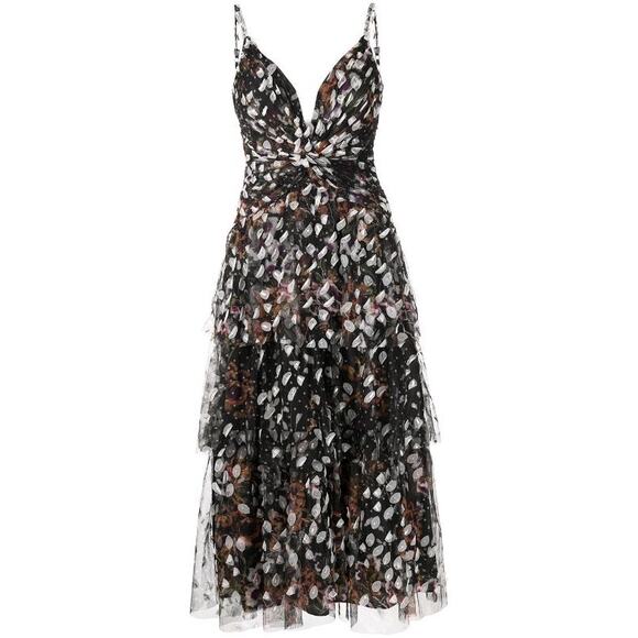 Marchesa Dresses & Skirts - Marchesa Notte black appliqué tiered party  V-neck dress size 10 / M